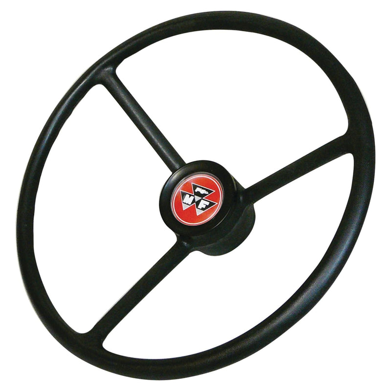 The Sparex Steering Wheel 450mm, Splined (Sparex Part No. S.40264) is a black three-spoke design with a red center emblem featuring a logo of three overlapping white triangles. This fine spline steering wheel is both elegant and functional.