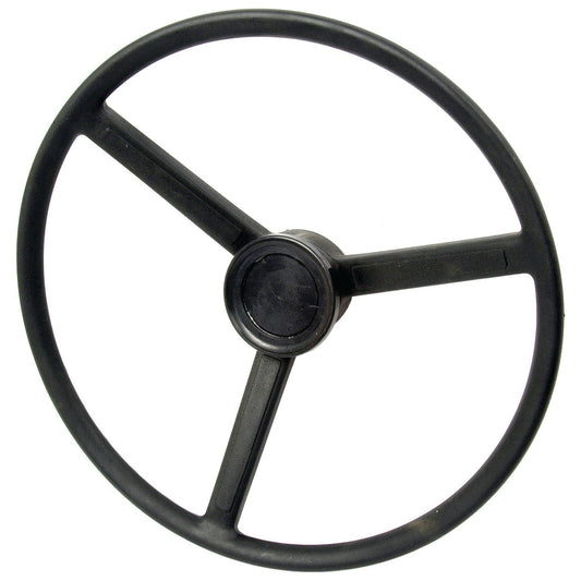 A black three-spoke steering wheel with a round central hub, viewed straight on against a plain white background, reminiscent of the classic design seen in Massey Ferguson machinery. This is the Steering Wheel 460mm with Keyway by Sparex, Part No. S.40262.