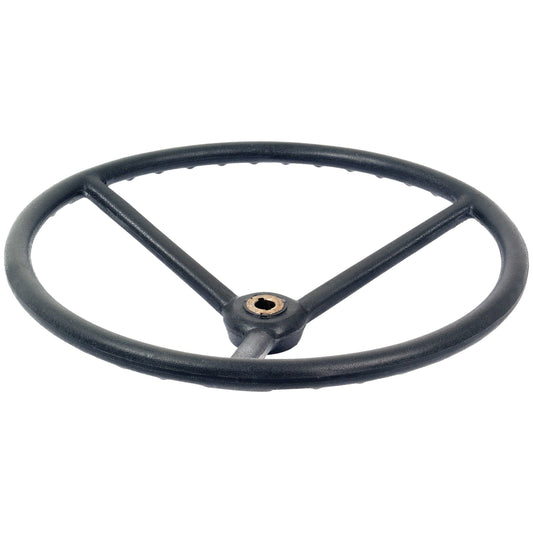 Illustration of the Sparex Steering Wheel 460mm, Keyway (Part No. S.48022), featuring a black, three-spoke design with a central mounting hole and keyway splines, compatible with Massey Ferguson models.