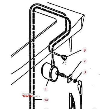 Diagram showing the assembly of a fuel tank component for a Massey Ferguson tractor, with labeled parts, including a cylindrical tank, connecting hoses, and fastening elements such as the AGCO Massey Ferguson Strap - 3582640M11.