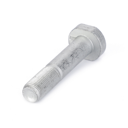 A Massey Ferguson - Stud Disc-Rim M16x80 (3384620M1) from AGCO, with threading on the lower half, suitable for Massey Ferguson tractor parts, lies on a white background.