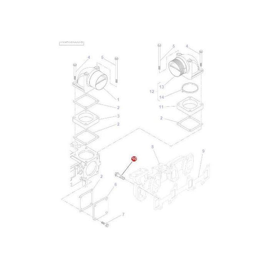 Technical diagram of a disassembled mechanical component with numbered parts, including pistons, gaskets, and bolts—highlighting part number 10: Massey Ferguson - Stud Exhaust Manifold - 4222341M1. Perfect reference for AGCO Massey Ferguson tractor parts.