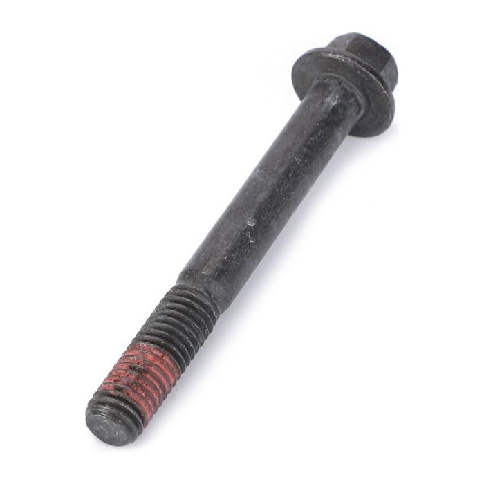 A black metal bolt with a hexagonal head and red thread locker on its tip, isolated on a white background, ideal for Massey Ferguson machinery. This is the AGCO Massey Ferguson Stud Exhaust Manifold, model 4225158M1.