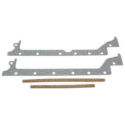 Two flat, irregularly shaped Sump Gaskets (Sparex Part No. S.41950) with multiple holes and two narrow cork strips are laid out against a white background, resembling components for a Perkins Engine or Massey Ferguson machine.