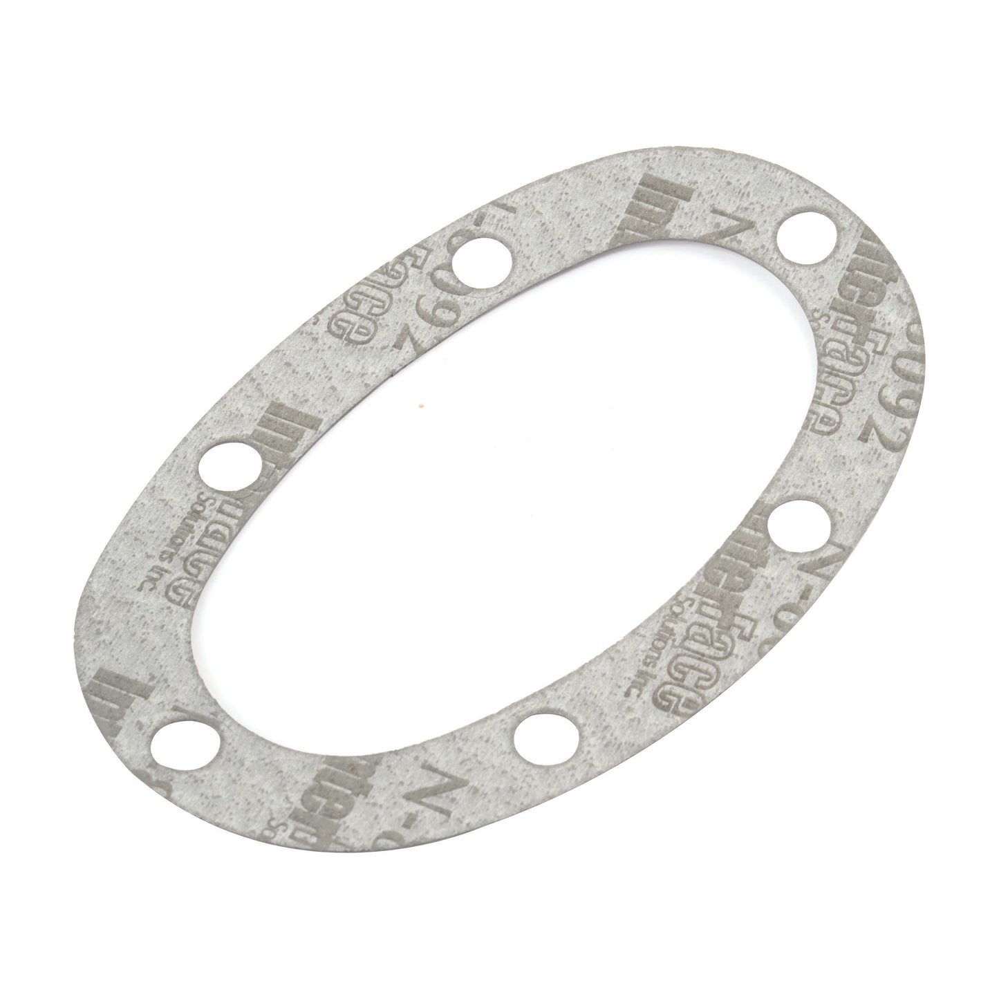 The Sparex Sump Gasket (Part No. S.43910) is designed for 4-cylinder Massey Ferguson A3.144 and A3.152 engines and features a grey, oval shape with six evenly spaced holes around its perimeter.