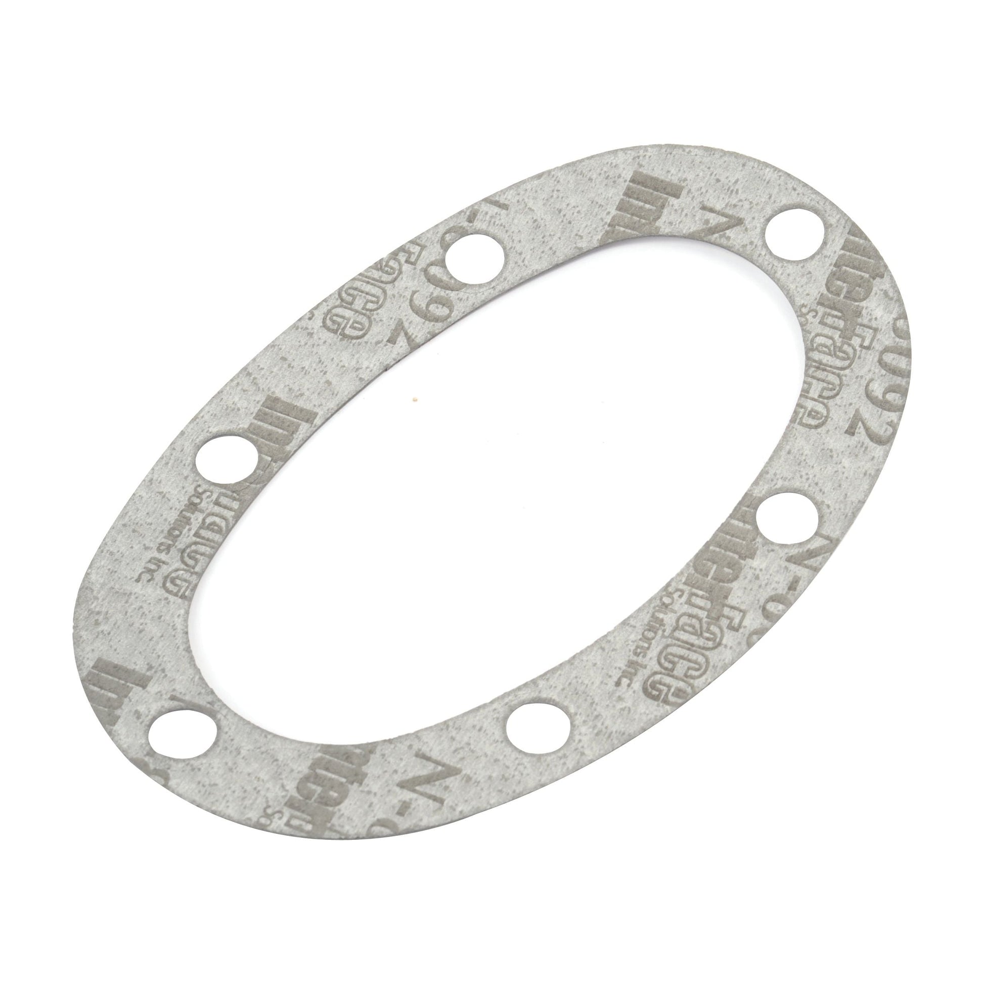 The Sparex Sump Gasket (Part No. S.43910) is designed for 4-cylinder Massey Ferguson A3.144 and A3.152 engines and features a grey, oval shape with six evenly spaced holes around its perimeter.