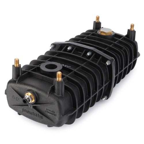 Close-up of the AGCO Massey Ferguson suspension accumulator (Product ID: 4293526M92) featuring a black pneumatic piston block with brass fittings and cooling fins, showing several attachment points, designed for use in Massey Ferguson 6400 Series machinery.