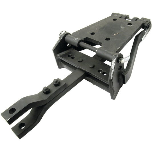 The Sparex Swinging Drawbar Assembly (Part No. S.73628) is a robust black metal hinge featuring multiple bolts and a forked end designed for attachment. With an overall length of 840mm and section dimensions of 30x49mm, this heavy-duty component is likely compatible with Massey Ferguson models or similar machinery.