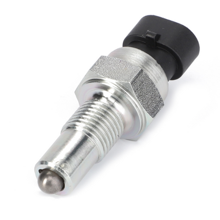 A Massey Ferguson - Switch - 3796579M1 by AGCO, featuring a metallic automotive sensor with a threaded body, black plastic connector at one end, and a rounded tip at the other end is shown against a white background. This switch is commonly used in Massey Ferguson tractor models such as the DYNA 4 and DYNA 6.