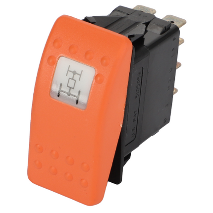 An orange rocker switch with a white diagram displaying axle configurations on its surface, suitable for Massey Ferguson 4200 Series tractor parts. This product is the AGCO Massey Ferguson - Switch 4wd - 4290439M1.