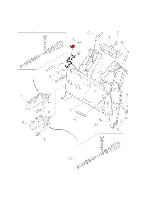 Technical diagram showing an exploded view of a Massey Ferguson mechanical assembly with various numbered tractor parts, including the Switch Brake Pedal (4284198M1) by AGCO, alongside gears, shafts, and mounting brackets specific to the 5300 Series.