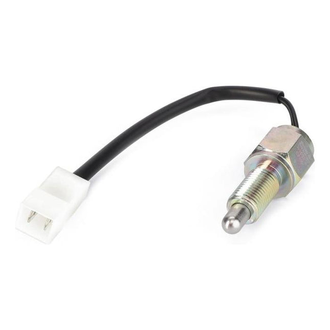The AGCO Massey Ferguson - Switch Brake Pedal - 4284198M1 is a metallic automotive sensor featuring a threaded body and a black cable that terminates in a white plastic connector, designed to be compatible with Massey Ferguson tractor parts for the 5300 Series.