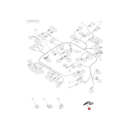 Diagram showing various numbered parts of a Massey Ferguson tractor's mechanical assembly with the AGCO brand Switch Cab Door Light - 4293575M1 highlighted in red and labeled "5".