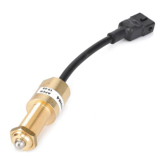 A metallic cylindrical sensor with a threaded body, attached to a black cable ending in a connector plug, ideal for Massey Ferguson 5400 Series tractor parts. This product is the AGCO brand Switch Clutch Pedal, part number 4295389M4.