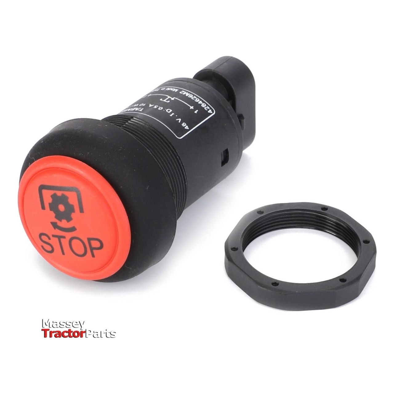 A Massey Ferguson - Switch PTO - 4284626M2 with a red stop button and a black base, detached from its mounting ring, is displayed on a white background with the text "Massey Ferguson Tractor Parts" in the corner. The product is part of the AGCO brand.