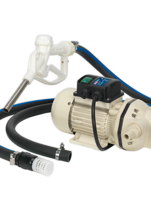 Image of the Sealey AdBlue® Transfer Pump Portable 230V - TP99230, equipped with a hose, nozzle, and filter, commonly used for transferring liquids such as fuel.