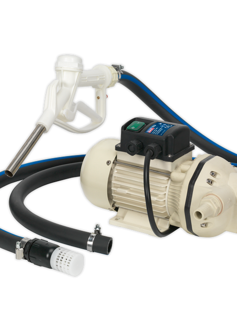 Image of the Sealey AdBlue® Transfer Pump Portable 230V - TP99230, equipped with a hose, nozzle, and filter, commonly used for transferring liquids such as fuel.