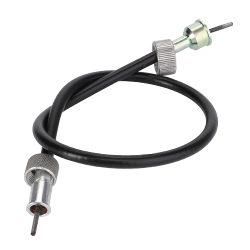A coiled black AGCO drive cable, model Massey Ferguson - Tacho Drive Cable - 882539M91, featuring metal connectors on both ends and compatible with the Massey Ferguson 100 Series.
