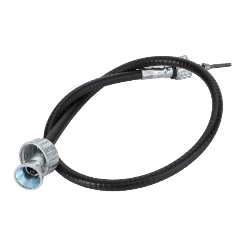 The AGCO Massey Ferguson - Tacho Drive Cable - 890232M91 is a coiled black cable with metal connectors on both ends, making it the ideal choice for mechanical use and especially suited for Pre-100 Series Massey Ferguson tractors.