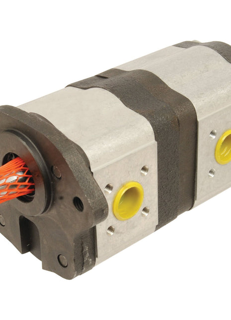 The Tandem Hydraulic Pump - S.43590 by Sparex is a metallic hydraulic gear pump with yellow ports and an orange mesh covering one end, featuring clockwise pump rotation.