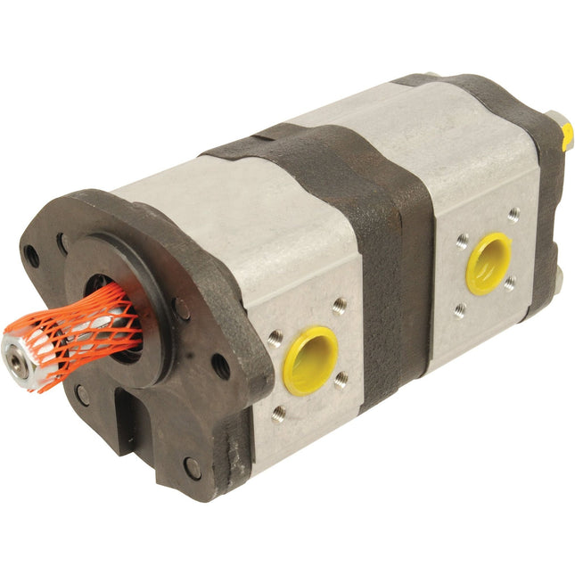 The Tandem Hydraulic Pump - S.43590 by Sparex is a metallic hydraulic gear pump with yellow ports and an orange mesh covering one end, featuring clockwise pump rotation.