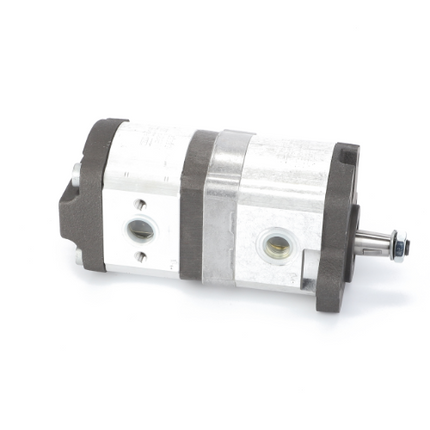 The AGCO Massey Ferguson - Tandem Pump - 3774612M91 is a compact, metal hydraulic gear pump featuring inlets and outlets and a shaft for mechanical connection. Isolated on a white background, it is ideal for tractor parts and compatible with Massey Ferguson 200 Series equipment.