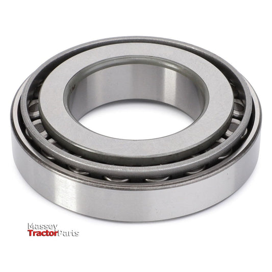A cylindrical metal roller bearing designed to handle both radial and thrust loads, featuring an open interior and outer ring, labeled with "Massey Ferguson - Tapered Roller Bearing - X619049041009" by AGCO in the bottom left corner. Suitable for various Massey Ferguson models.