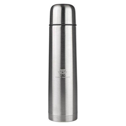 The Massey Ferguson - Thermos Flask - X993342103000 from AGCO features a smooth, cylindrical stainless steel design with a logo on the front. Its double-walled construction and vacuum closure make it ideal for keeping beverages hot or cold.