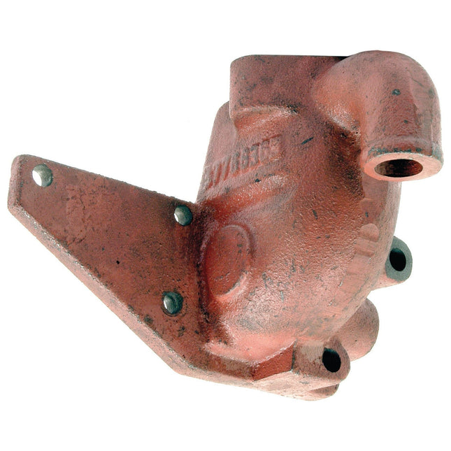 A rusted, red metal automotive part, likely the Thermostat Housing from a Perkins engine or Massey Ferguson tractor, identifiable by its elbow-shaped protrusion and three bolt holes on a flat mounting plate. This component appears to be the Sparex Thermostat Housing, Part No. S.41569.