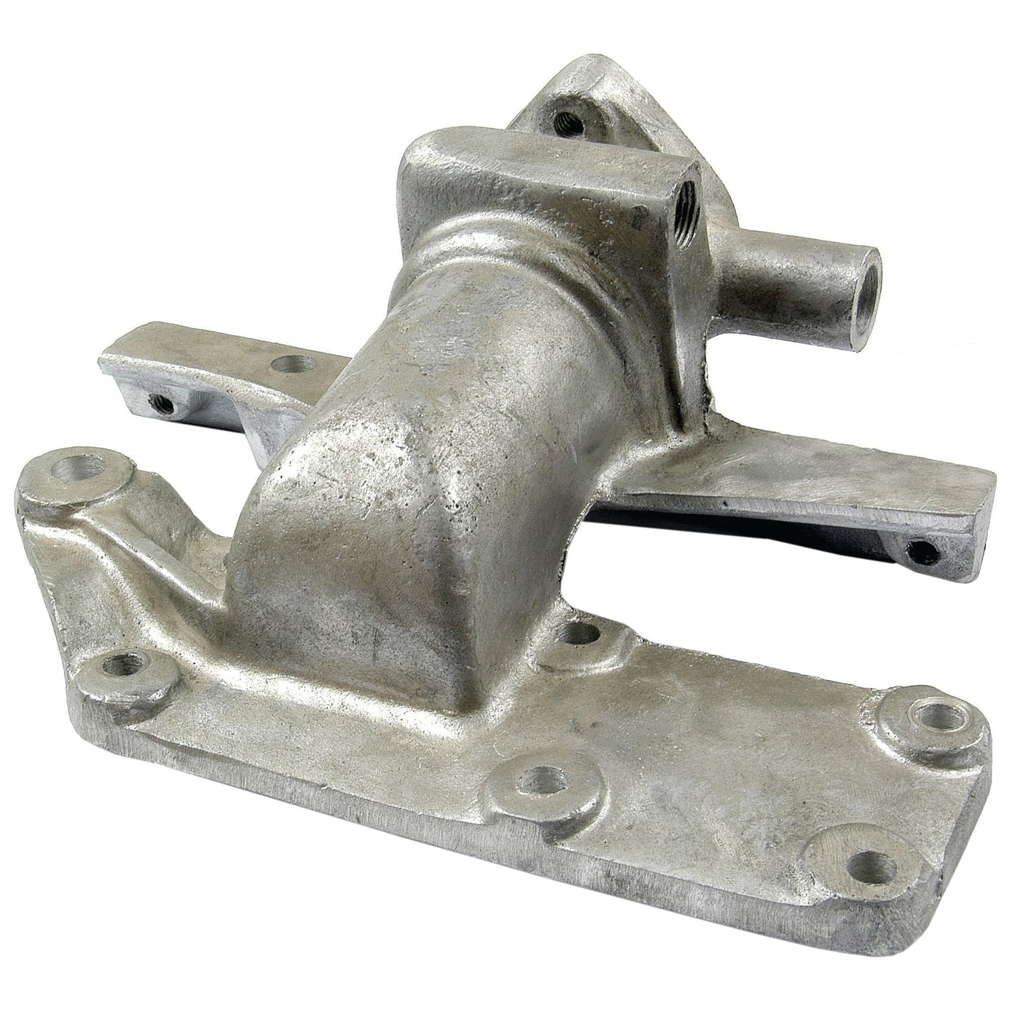 A Sparex Thermostat Housing (Part No.S.42948) is shown, featuring a metal design with multiple mounting holes and a cylindrical extension. This bracket, designed for Massey Ferguson tractors, boasts a smooth, silver finish.