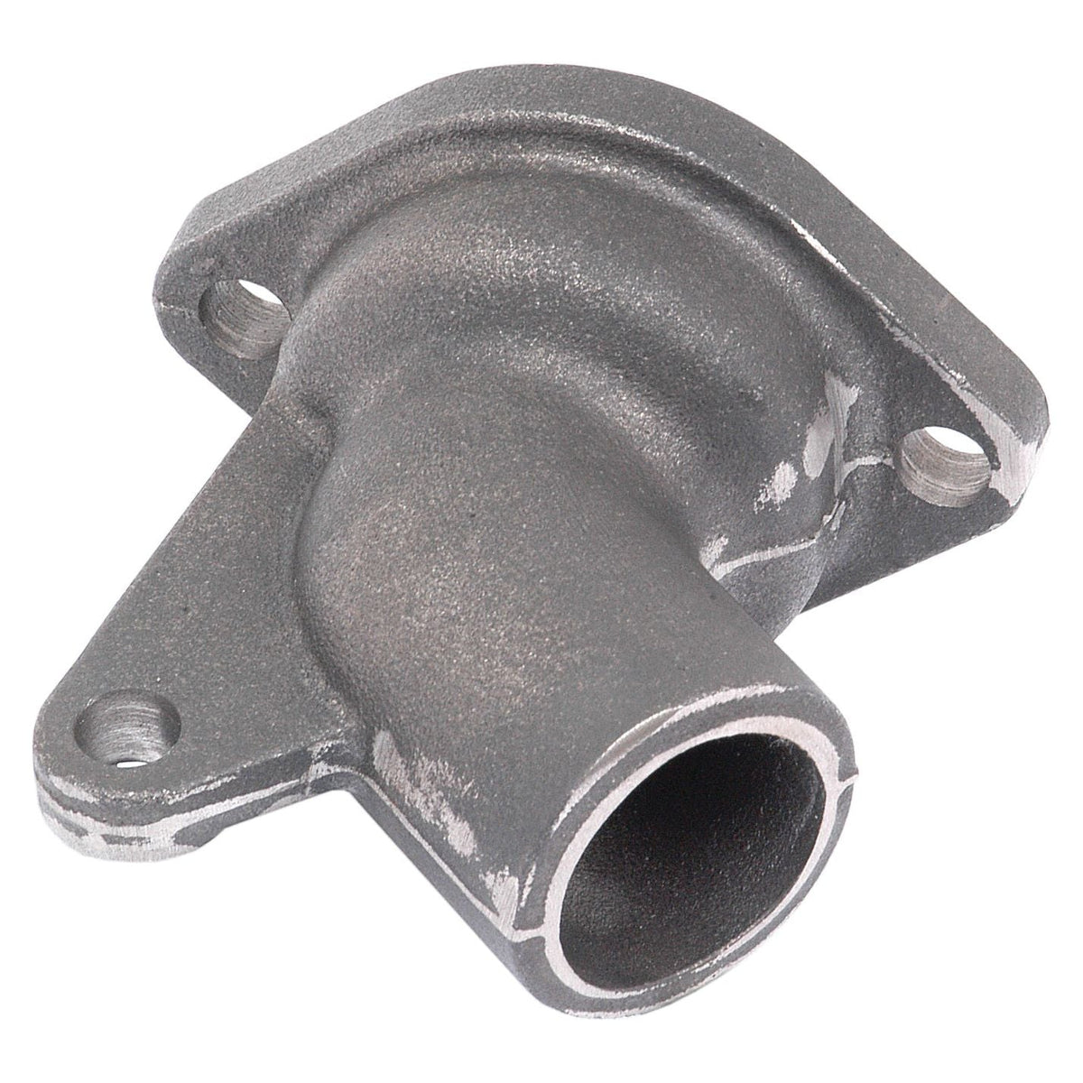 A thermostat elbow for Massey Ferguson tractors, featuring a metallic design with a cylindrical extension and a two-bolt mounting flange, is available under the product name Thermostat Housing (Sparex Part No.S.43212) from the brand Sparex.