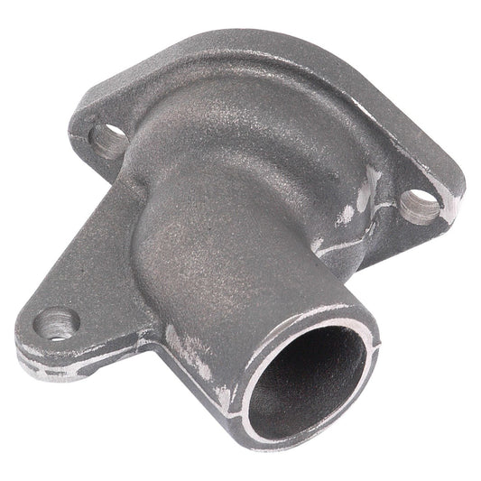 A thermostat elbow for Massey Ferguson tractors, featuring a metallic design with a cylindrical extension and a two-bolt mounting flange, is available under the product name Thermostat Housing (Sparex Part No.S.43212) from the brand Sparex.