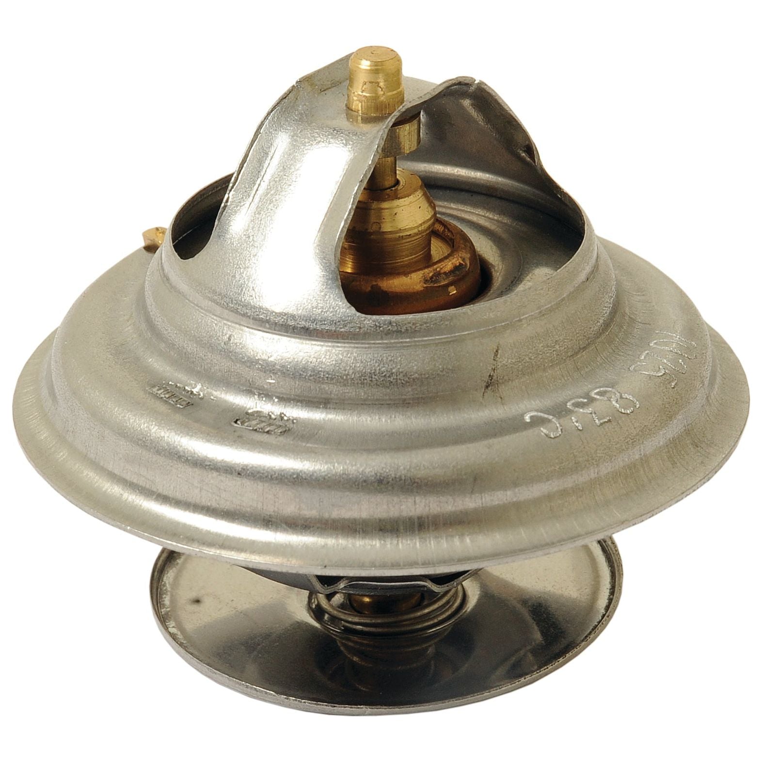 A metal thermostat with a spring mechanism, commonly used in automotive engines like the Massey Ferguson 4435, to regulate coolant temperature and ensure optimal performance is the Thermostat (Sparex Part No.S.67390) by Sparex.