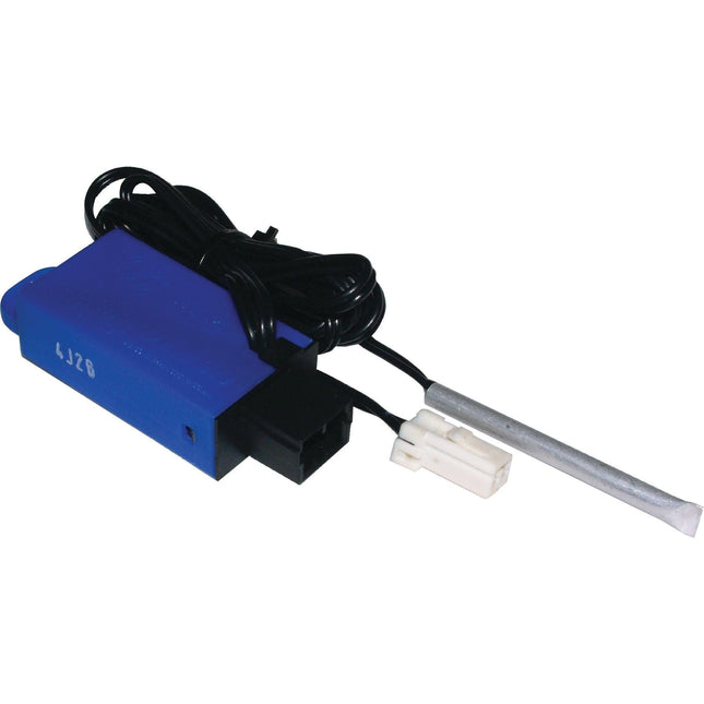 The Thermostatic Switch (Sparex Part No.S.106632) from Sparex features a blue electronic module with an attached black cable and a white connector plug, complemented by a slim metallic rod, designed with Case IH's precision for optimal performance.