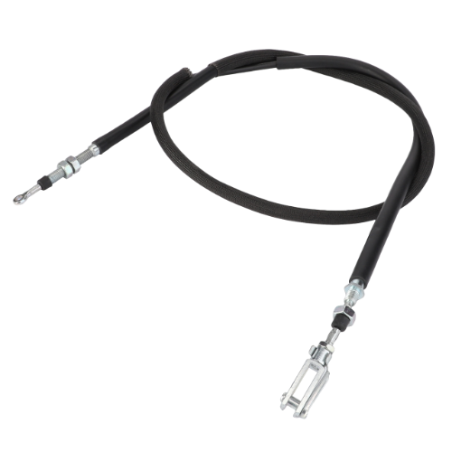 A black throttle cable with metal fittings and a protective sleeve coiled into a loop, suitable for Massey Ferguson tractors. Product: AGCO's Massey Ferguson Throttle Cable VA370217.