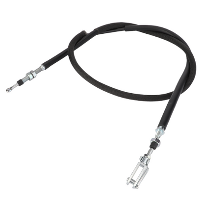 A black throttle cable with metal fittings and a protective sleeve coiled into a loop, suitable for Massey Ferguson tractors. Product: AGCO's Massey Ferguson Throttle Cable VA370217.