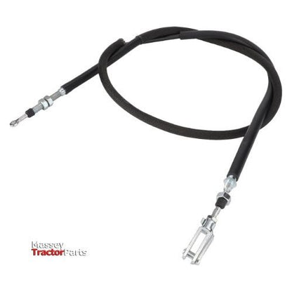The AGCO Massey Ferguson - Throttle Cable - VA370217 is a black throttle cable designed for tractors, featuring metal connectors on both ends and the iconic Massey Ferguson logo in the bottom left corner. Perfect for models such as the 3625, this durable cable guarantees reliable performance.