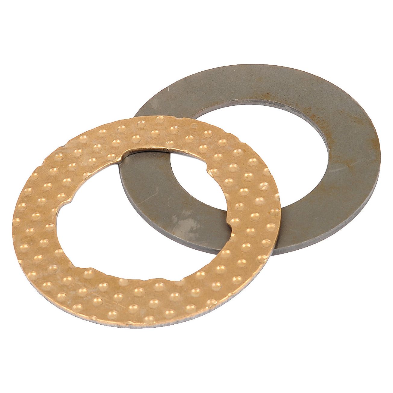 Two circular washers, one metallic and smooth, the other textured with a gold finish, are positioned adjacent to each other on a white background, resembling components of the Sparex Thrust Washer Kit - Axle Spindle (Part No. S.43281).