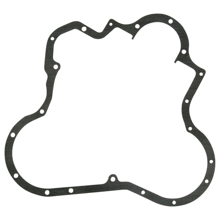 The Sparex S.42560 Timing Cover Gasket, designed for 3-cylinder Perkins engines (AD3.152, AT3.152.4, A3.152, A3.144, AT3.152), features a black gasket with multiple bolt holes in an irregular shape to ensure a perfect fit for Massey Ferguson models.
