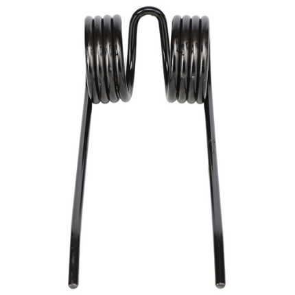 The AGCO Massey Ferguson - Tine - 700714826 is a black metal double torsion spring with two coils and extended straight ends, designed for the Massey Ferguson 100 Baler Series.