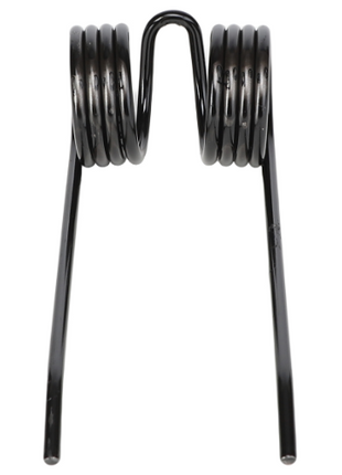 The AGCO Massey Ferguson - Tine - 700714826 is a black metal double torsion spring with two coils and extended straight ends, designed for the Massey Ferguson 100 Baler Series.