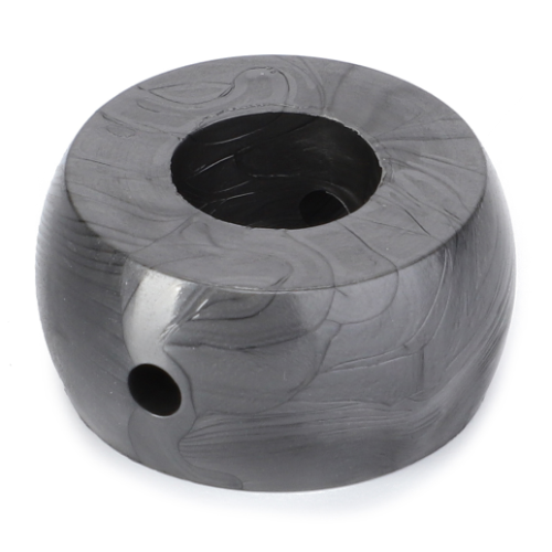 Introducing the AGCO Massey Ferguson Toggle Gear Linkage (part number 3383533M1): a circular black metal or ceramic disk featuring grooves, a central round hole, and an additional smaller side hole. Designed for optimal compatibility with Massey Ferguson's 8100 Series machinery.
