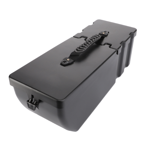 A black plastic Massey Ferguson Tool Box (4289100M92) by AGCO with a secure latch and a textured carrying handle on the lid, perfect for organizing your DYNA VT or 5611 DYNA 6 parts.