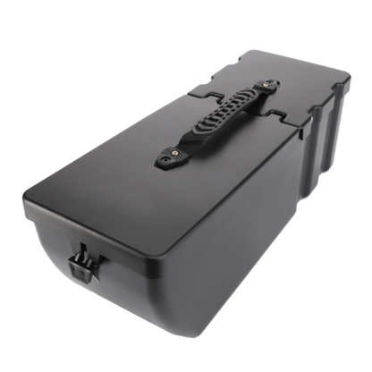 A black plastic Massey Ferguson Tool Box (4289100M92) by AGCO with a secure latch and a textured carrying handle on the lid, perfect for organizing your DYNA VT or 5611 DYNA 6 parts.