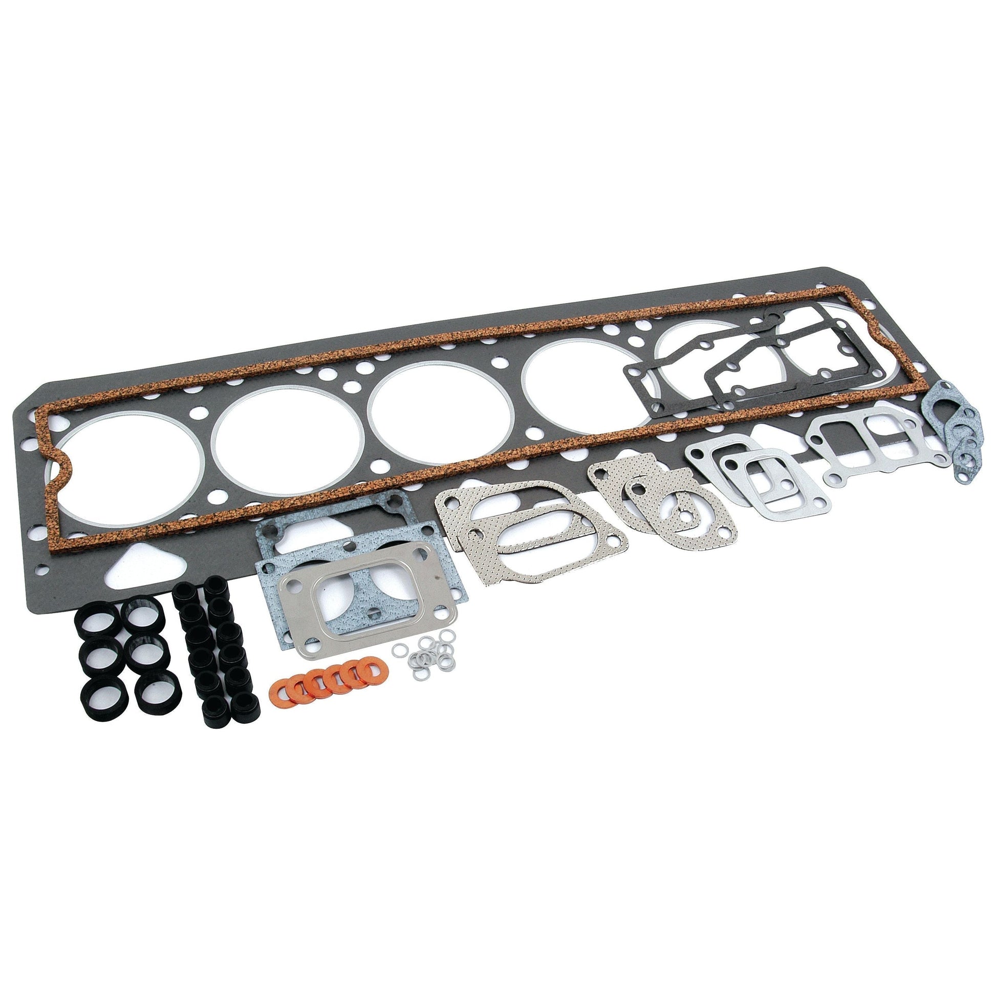 A Top Gasket Set for a six-cylinder Perkins Engine (models 1006.6, 1006.6T, 1006.60, 1006.6TW) featuring head gaskets, valve cover gaskets, O-rings, and small metallic components from the Sparex brand is arranged on a white background. This item is identified by Sparex Part No.S.42397.