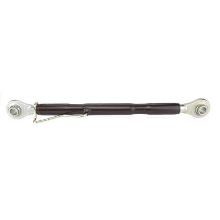 The AGCO Massey Ferguson - Top Link - 1660050M91 is a heavy duty top link designed for Massey Ferguson tractors, featuring a metal turnbuckle with a brown center shaft and silver-colored end fittings, complete with a locking pin on one side.
