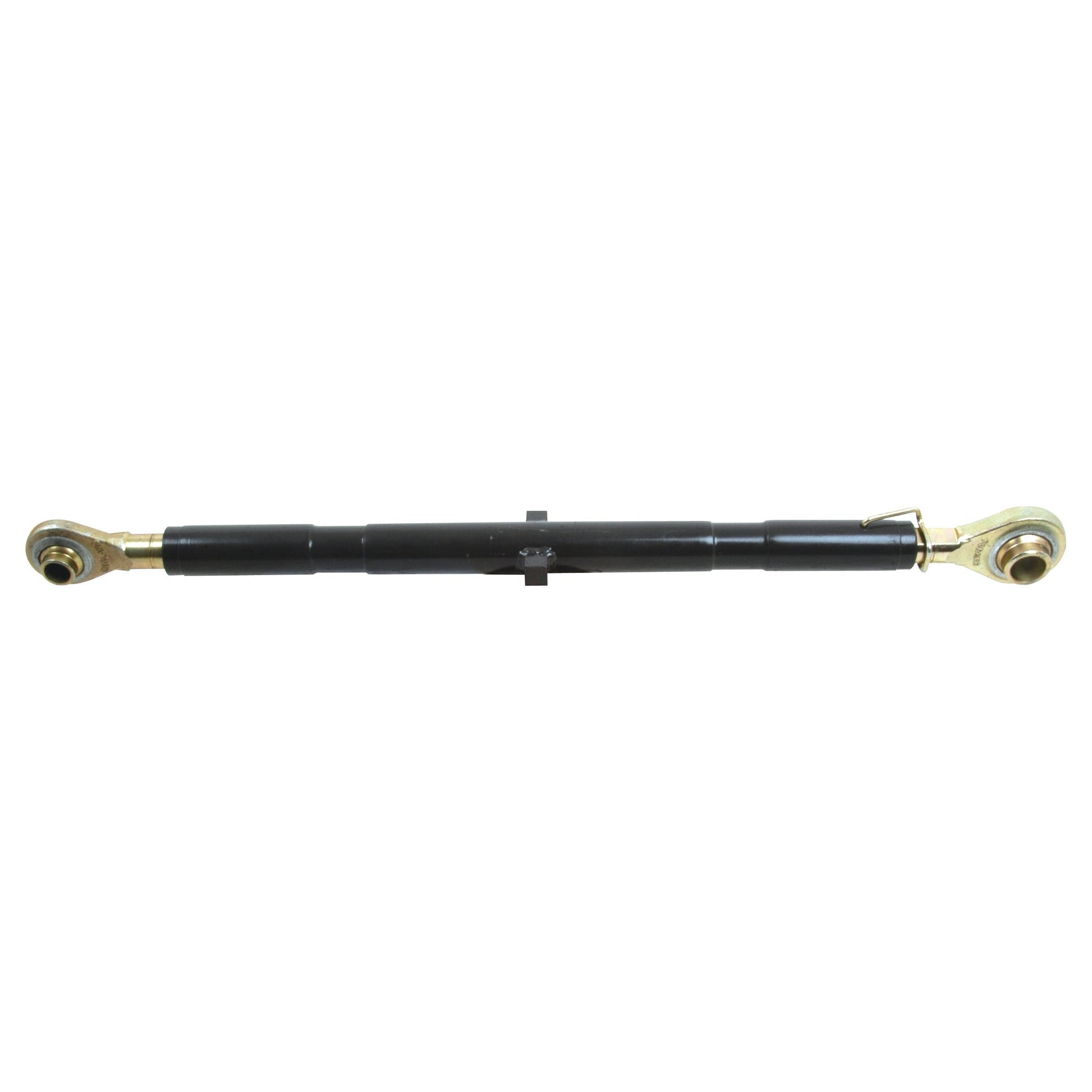 The Sparex Top Link (Cat.1/2) Ball and Ball, 1 1/16'', S.589 with a minimum length of 610mm is a black hydraulic cylinder equipped with brass-colored fittings on both ends, featuring adjustable thread size, making it ideal for tractors and various mechanical and automotive applications.