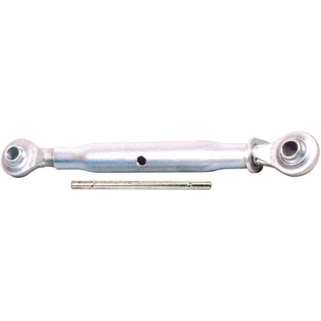 A Top Link (Cat.2/2) Ball and Ball, 1 1/8'', Min. Length: 740mm (S.15658) by Sparex, featuring two eye bolts on either end and accompanied by a separate metal pin, set against a white background; perfect as replacement parts for tractor implements.