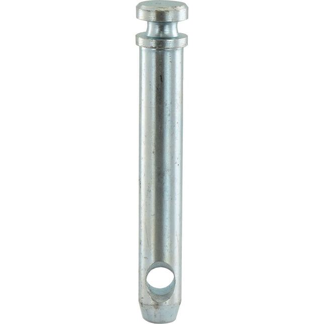 A metallic cylindrical pin with a round head at one end and a hole near the other end, commonly found in tractor parts, is known as the Top link pin 19x102mm Cat. 1 by Sparex (Part No. S.74).