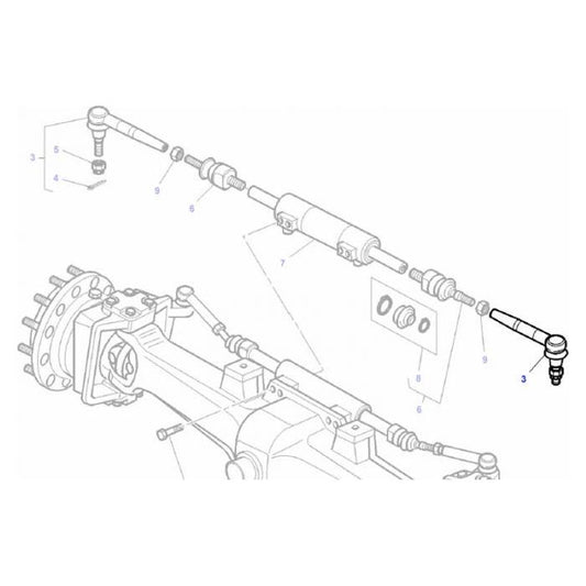 Diagram showing parts of a vehicle steering linkage system, featuring tie rods, ball joints, and other related components. Each part is numbered for reference and applicable to Massey Ferguson tractors. Specific parts such as the AGCO Track Rod End (Product Number: 3764028M2) are highlighted for easy identification.